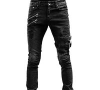 Maiyifu-GJ Men's Distressed Moto Biker Jeans Ripped Punk Gothic Zipper Denim Pants Hip hop Tapered Leg Slim Fit Jean, Black, 3X-Large