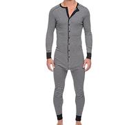 Maiyifu-GJ Men's Long Sleeve Pajamas Striped Ultra Soft Thermal Union Suit One Piece Slim Fit Button Down Jumpsuit Sleepwear (Grey,3X-Large)