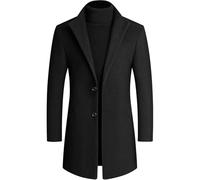 Maiyifu-GJ Men's Mid-Length Trench Coat Notch Lapel 2 Buttons Business Overcoat Single Breasted Wool Blend Top Pea Coats, Black 01, XL