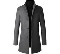 Maiyifu-GJ Men's Mid-Length Trench Coat Notch Lapel 2 Buttons Business Overcoat Single Breasted Wool Blend Top Pea Coats, Greya1, M