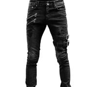 Maiyifu-GJ Men's Slim Fit Biker Jeans Distressed Straight Leg Moto Biker Jeans Ripped Punk Gothic Zipper Denim Pants, Black, 3X-Large