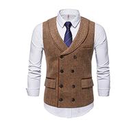 Maiyifu-GJ Men's Stripe Lapel Collar Suit Vest Retro Slim Fit Double Breasted Waistcoat Suede Formal Wedding Business Vest, Brown, XL