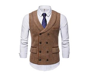 Maiyifu-GJ Men's Stripe Lapel Collar Suit Vest Retro Slim Fit Double Breasted Waistcoat Suede Formal Wedding Business Vest, Brown, XL