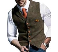 Maiyifu-GJ Men's Tweed Plaid Business Suit Vest Casual Tailored Collar Wool Waistcoat Twill Formal Dress Wedding Tuxedo Vest, Khaki, S