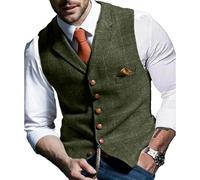 Maiyifu-GJ Men's Tweed Plaid Business Suit Vest Casual Tailored Collar Wool Waistcoat Twill Formal Dress Wedding Tuxedo Vest, Green, L