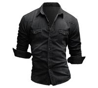 Maiyifu-GJ Men's Western Distressed Denim Shirt Casual Slim Fit Button Down Long Sleeve Wash Work Denim Jean Shirt, Dark Grey, XX-Large