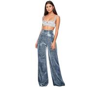 Maizoon Sparkly Trousers for Women Sensation Flares & Sequin Trousers Combo High Waisted Stretch Pants Love for Club Disco & Everyday Womens Fashion Blue M