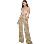 Maizoon Ultimate Party Staple Flares Sequin Trousers for Women Sparkly Pants with Comfortable High Waist Perfect for Disco Streetwear & Yoga Pants Wear Gold S