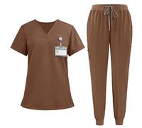 Maizoon Uniforms Unisex Scrub Set Polyester Short Sleeves V Neckline Top and Pants with 3 Pockets Healthcare Work Solid Plain Tunic Outfits for Hospital Brown S