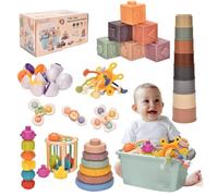 Majabibe Baby Toys for 6 to 12 Months,7 in-1 Montessoriii Sensory Toys for Toddlers 1-3,Stacking Baby Blocks, Stacking Blocks Rings, Matching Eggs, Suction Cup Spinner,Stacking Cups, for Toddler Gift