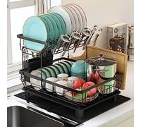 MAJALiS 2 Tier Black Large Dish Drainer Drying Rack Drying for Kitchen Sink with Drip Tray, Stainless Steel Metal Anti Rust Wide Plate Bowl Draining Washing Up Holder, Extra Big Spout Drainage