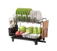 MAJALiS Dish Drainer Rack, 2 Tier Dish Drainer with Drip Tray, Stainless Steel Dish Rack with Utensil Holder, Swivel Spout, Draining Board Rack for Kitchen Counter, Black