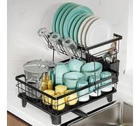 MAJALiS Dish Drainer Rack with Drip Tray, 2 Tier Black Washing Up Drainer for Kitchen Sink, Stainless Steel Dish Drying Rack, Anti Rust Plate and Cutlery Drainers