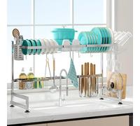 MAJALiS Over Sink Dish Drainer Drying Rack, 2 Tier Stainless Steel Dish Rack Over Sink Sink Length Adjustable (33.5-40 in), Expandable Drainer Shelf Rack with Multifunctional Organizers, Sliver