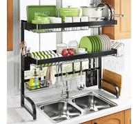 MAJALiS Over The Sink Dish Drying Rack, Large 3 Tier 304 Stainless Steel Dish Drainer Rack Organizer for Kitchen Shelf, Expandable Above Sink Dish Rack with 10 Hooks (Black - 25.5"-35.5")