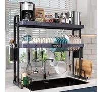 MAJALiS Over The Sink Dish Rack, Stainless Steel 2 Tier Large Capacity Above Sink Drying Rack Adjustable (27.5" - 34.6"), Expandable Over Sink Shelf with Utensils Holder and 6 Hooks