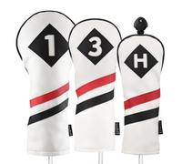 Majek Retro Golf Headcovers White Red and Black Vintage Leather Style 1 3 H Driver Fairway Wood and Hybrid Head Cover Classic Look