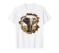 Majestic African Elephant Breaking Wall 3D Illusion Value Graphic T-Shirt, Men, White, M