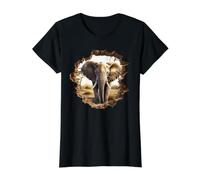 Majestic African Elephant Breaking Wall 3D Illusion Value Graphic T-Shirt, Women, Black, S