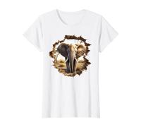 Majestic African Elephant Breaking Wall 3D Illusion Value Graphic T-Shirt, Women, White, M