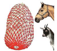 Majestic Ally 1.25”x1.25” Holes Ultra Slow Feed 40” Very Sturdy Hay Net with Bottom Ring for Horses, Nylon Rope Hanging, Adjustable Travel Feeder for Trailer and Stall, Reduces Waste (Red)