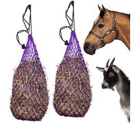 Majestic Ally 2 pcs Ultra Slow Feed 1.5"x1.5" Holes 42” Long Hay Net for Horses, Nylon Rope Hanging, Adjustable Travel Feeder, Simulates Grazing, Reduce Waste (Purple)