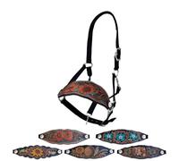 Majestic Ally Equestrian Designer Bronc Halter for Horses, Hand-Tooled Leather Nose, Padded Nylon Crown and Noseband (Orange Sunflower, Black, Full)