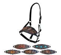 Majestic Ally Equestrian Designer Bronc Halter for Horses, Hand-Tooled Leather Nose, Padded Nylon Crown and Noseband (Leaves and Flowers, Black, Full)