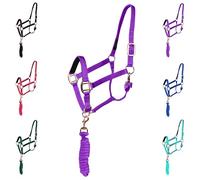 Majestic Ally Halter with Lead Rope for Horses-Adjustable Chin and Crown-Rolled Throat Latch with Replaceable Snap-Padded Noseband-Heavy Duty Rose Gold Finish Hardware-Full (Purple, Full)