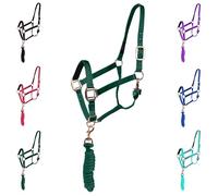 Majestic Ally Halter with Lead Rope for Horses-Adjustable Chin and Crown-Rolled Throat Latch with Replaceable Snap-Padded Noseband-Heavy Duty Rose Gold Finish Hardware-Full (Hunter Green, Full)
