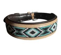 Majestic Ally Handcrafted Leather Dog Collar, Turquoise Black White Beaded Pattern, Natural Tan Trim (Turquoise-Black-White, Large)
