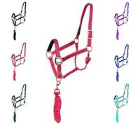 Majestic Ally HeadCollar Halter with Matching Lead Rope for Horses-Adjustable Chin and Crown- Replaceable Snap-Padded Noseband- Rose Gold Finish Hardware-Full (Hot Pink, Full)
