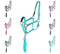 Majestic Ally HeadCollar Halter with Matching Lead Rope for Horses-Adjustable Chin and Crown-Rolled Throat Latch with Replaceable Snap-Padded Noseband-Heavy Duty Hardware-Full (Turquoise, Full)