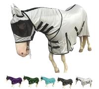 Majestic Ally Horse Fly Sheet with Neck Cover and Head Mask, Breathable UV and Bite Equine Protection, Adjustable Body Straps, Boarding or Turnout Accessory, Contoured Fit (Silver, 72 Inch)