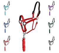 Majestic Ally Leather Halter with Matching Lead Rope for Horses - Leather Breakaway Crown - Adjustable Chin Strap - Rolled Throat Latch - Padded Noseband - Full (Red, Full)