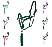 Majestic Ally Leather Halter with Matching Lead Rope for Horses - Leather Breakaway Crown - Adjustable Chin Strap - Rolled Throat Latch - Padded Noseband - Full (Hunter Green, Full)