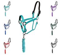 Majestic Ally Leather HeadCollar Halter with Matching Lead Rope for Horses - Leather Breakaway Crown - Rolled Throat Latch - Padded Noseband - Full (Turquoise-Black Nickel, Full)