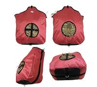 Majestic Ally Nylon Hay Feeder Tote Bag for Horse, Goat, Sheep - Double Sides Open Feed Hole with Faux Leather Ventilated Bottom- Premium Quality -Simulates Grazing - Reduces Waste (RED)