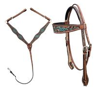 Majestic Ally Tooled Leather Western Headstall & Breast Collar Set - Handcrafted Leather, Classic Western Tack, Multiple Styles & Designs (1008-TRQ, Full)