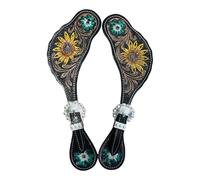 Majestic Ally Western Spur Straps, Genuine Leather, Antique Hand Tooling, Adjustable Stainless Steel Buckle (BLK-SSSF)