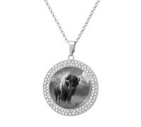 Majestic Bison Necklace For Women Charm Circle Pendant with Crystals Dainty Jewelry