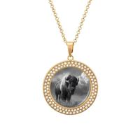 Majestic Bison Necklace For Women Charm Circle Pendant with Crystals Dainty Jewelry