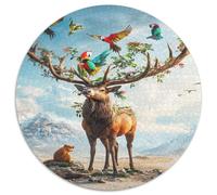 Majestic Deer 1000 Piece Jigsaw Puzzle Round Paper Puzzle for Adults Colorful Forest Birds Nature Scene