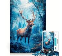 Majestic Deer in Blue Forest Painting 1000 Pieces Puzzles for Adults Recall Enhancer Tight Cut Pattern Assemble Night Game (50x75cm)
