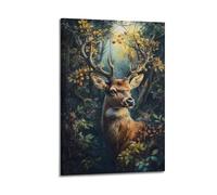 Majestic Deer in Forest with Golden Sunlight And Autumn Leaves Decorative Painting Canvas Wall Posters And Modern Family Bedroom Decor 16x24inch(40x60cm)