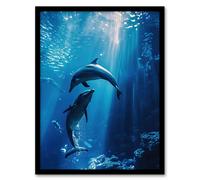 Majestic Dolphins Marine Life Underwater Seascape Framed Art Print Artery8 Blue A4
