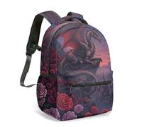 Majestic Dragon Cliff Rose Gothic Fantasy 16 Inch Backpack, Children's School Bag, Mythical Creature Enchanted Forest Print (01)