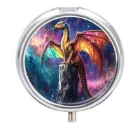 Majestic Dragon G-alaxy Pill Box Cute Metal Round Pill Case with 3 Compartments and Mirror for Vitamin Fish Oils