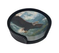 Majestic Eagle Soaring in Mountain Coaster A Set of 6 4-Inch Circular Leather Coasters with Brackets