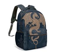 Majestic Gold Dragon Backpack Celestial Moon Stars Pattern Navy Blue Fantasy Mystic 16 Inch Winged All Over Print Daypack (06)